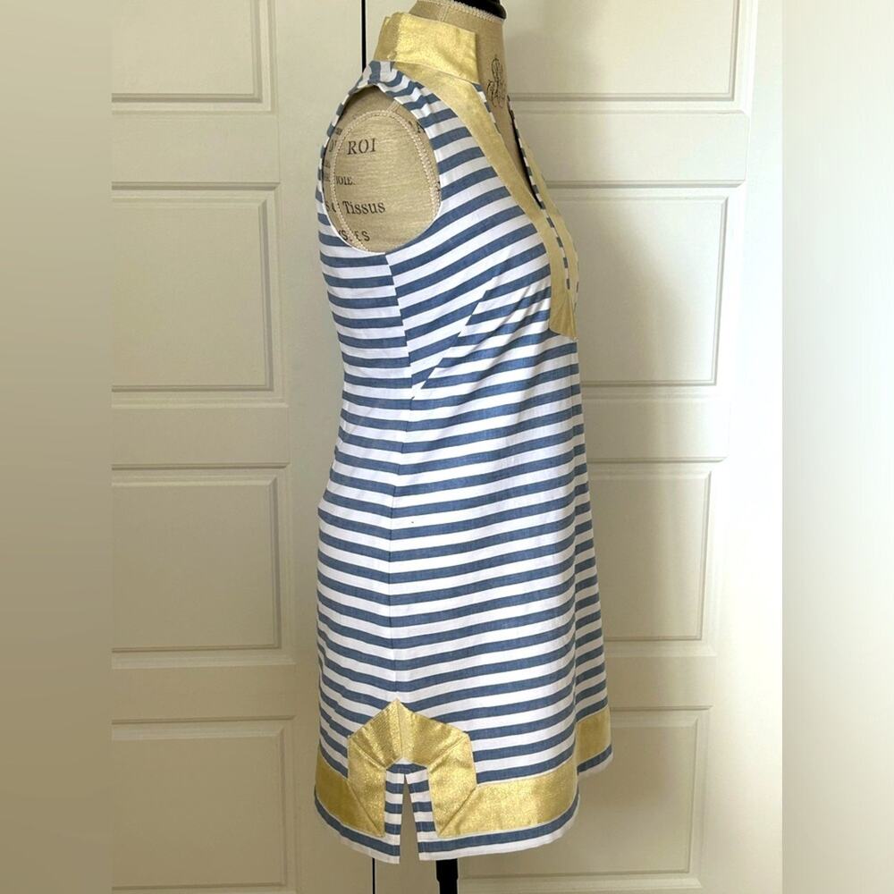 Eliza J Striped Mandarin Collar Sleeveless Shift Dress in Blue White coastal s 2 - Picture 6 of 9